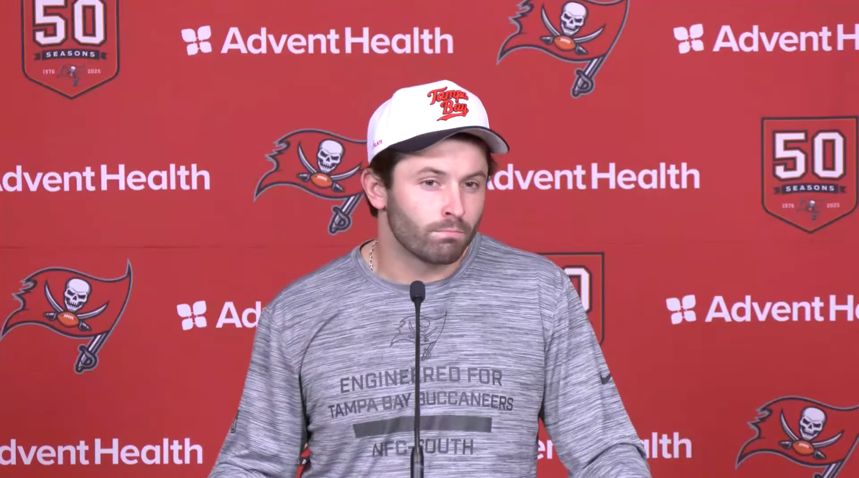 Baker Mayfield speaks with reporters on Wednesday ahead of the Bucs' Week 8 matchup against the Saints.